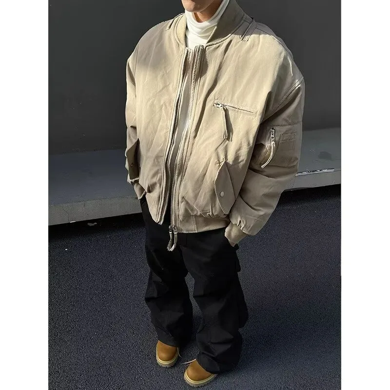 

Thiened Fce Baseball Sle ort Jaet Men's Autumn Winter Warm Faion Urban Workwear Jaet Zipper Closure Side kets