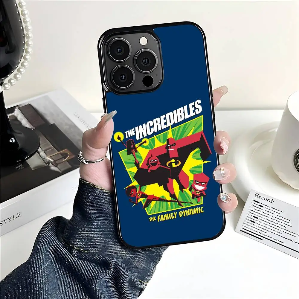 Coque de téléphone rigide en PC noire avec motif de dessin animé mignon Les Indestructibles pour iPhone 17 Air 16 15 14 Pro Max Plus 13 12 11