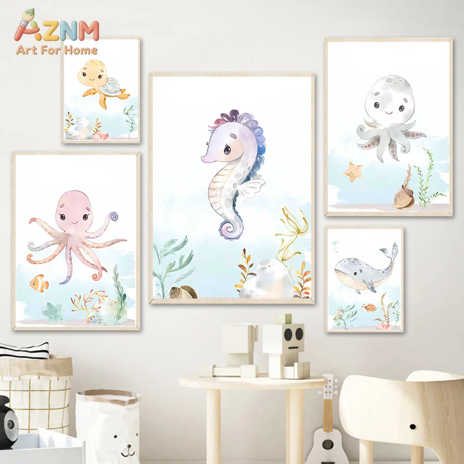 AZNM Watercolor Cute Ocean Animal Canvas Wall Art Whale Turtle Seahorse Underwater Plant Soft Blue Unframed Canvas Print Kids Nu