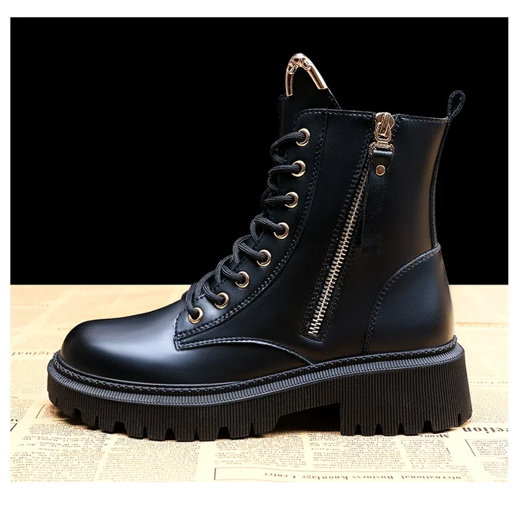 2023 Trend Women\'s Pu Leather Ankle Boots Autumn Winter Round Toe Lace Up Shoes Woman Classic Fashion Motorcycle Platform Botas