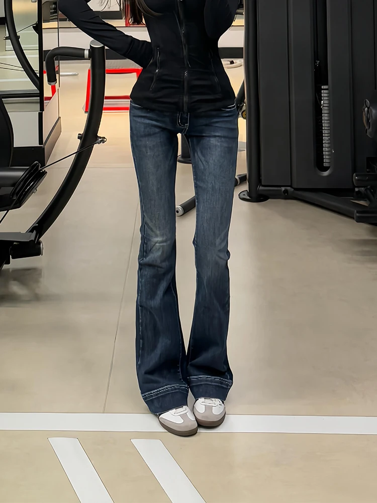 

Slim Fit Deep Blue Bell Bottom Jeans Women's Summer New Style Washed out Trousers American Design Low Waist Denim Jeans