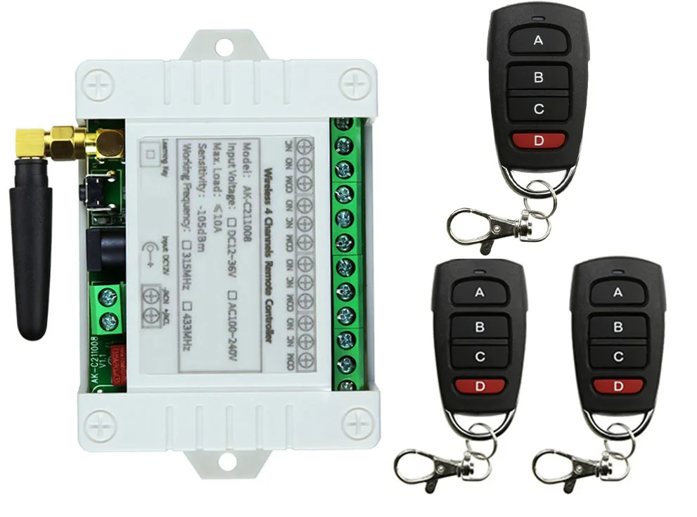 Remote Control Nirkabel Universal DC 12V 24V 36V 4CH 10A Modul Penerima Relai RF Switch Remote Control untuk Pembuka Gerbang Garasi