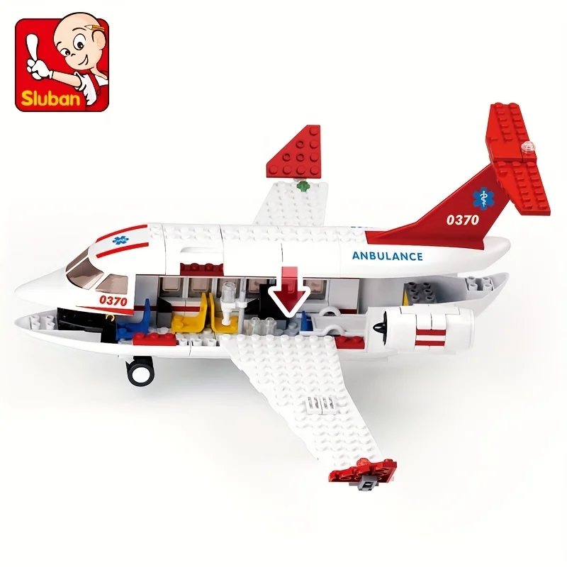 335pcs 0370 Air Rescue Aircraft with Medical Ambulance Team Building Blocks Toy Set Assembling Educational Toys