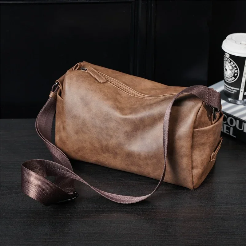 Vintage Leather Crossbody Bags Men Barrel Shape Shoulder Bag Fashion Design Men\'s Bucket Messenger Bag Male Cross Body Bags