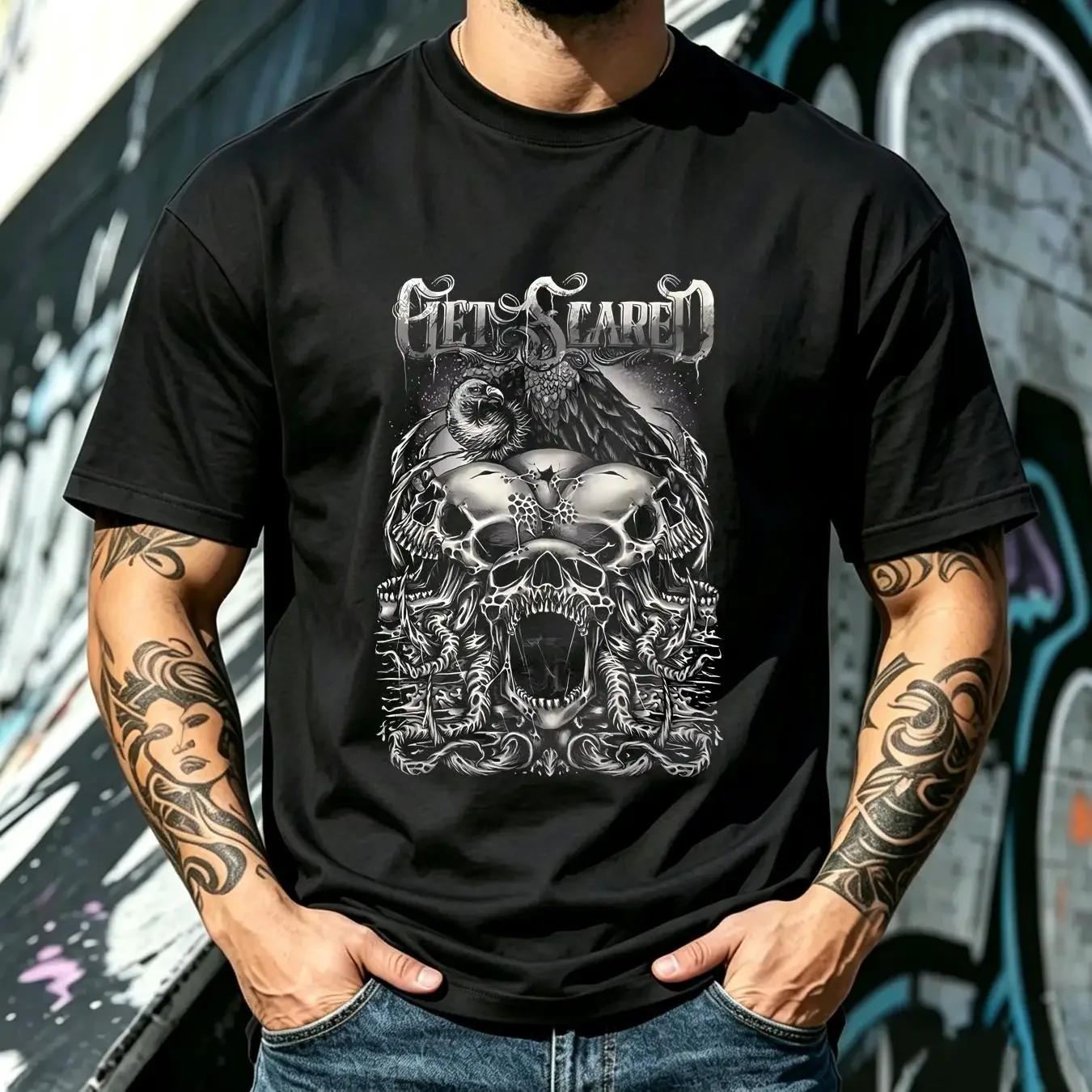 washed T Shirt Get Scared Band Men Black Size S 4XL Cotton Gifl U2564 long or short sleeves vintage Washed Comfortable Slightly