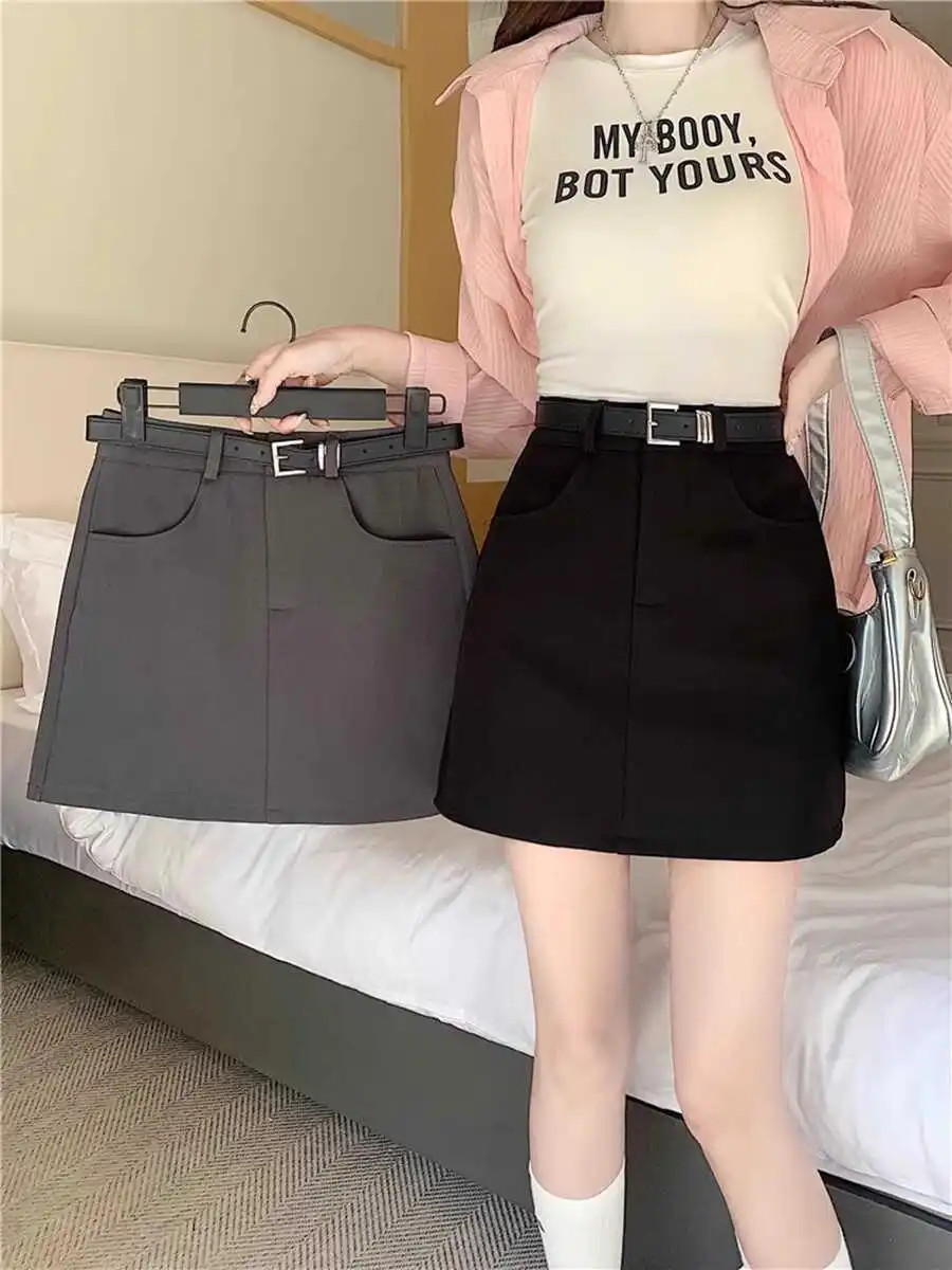 Korea Summer Black Gray Women'S Skirts 2024 New Fashion High Waist Mini Skirt Woman Casual Simple Wild A Line Suit Short Skirts