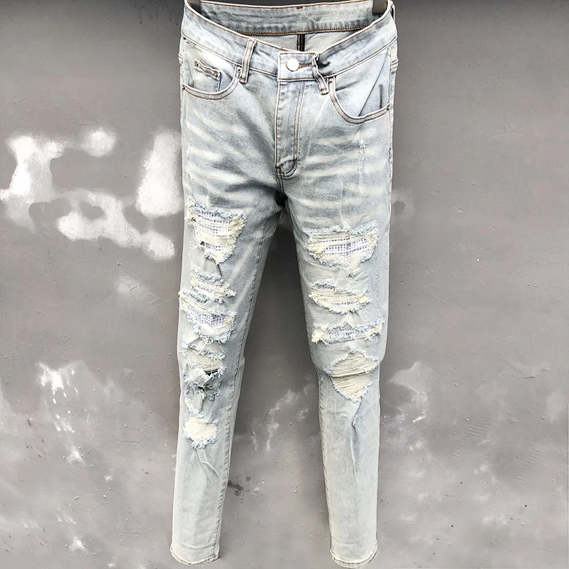 

Men Top Quality Ripped Hole Design Stretchy Jean Rhinestones Patchwork Hip Hop Style Trouser For Men Pantalon Vaqueros Hombre