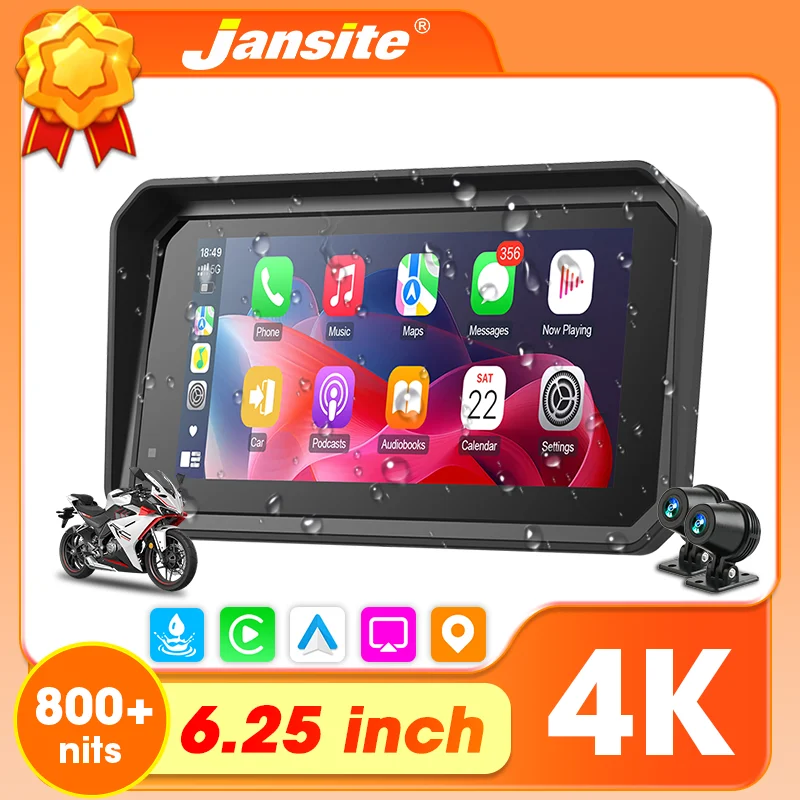 

Jansite 6.25'' Front 4K Rera 1080P Motorcycle Carplay Screen Digital Motorcycle Dashboard Android Auto Motobike GPS Accessories