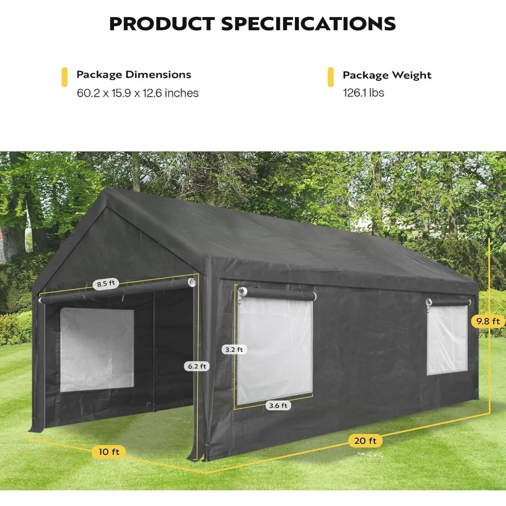 10 x 20 Feet Carport, Heavy Duty Portable Garage with 4 Roll-up Ventilated Windows, Zipper Door,Canopy