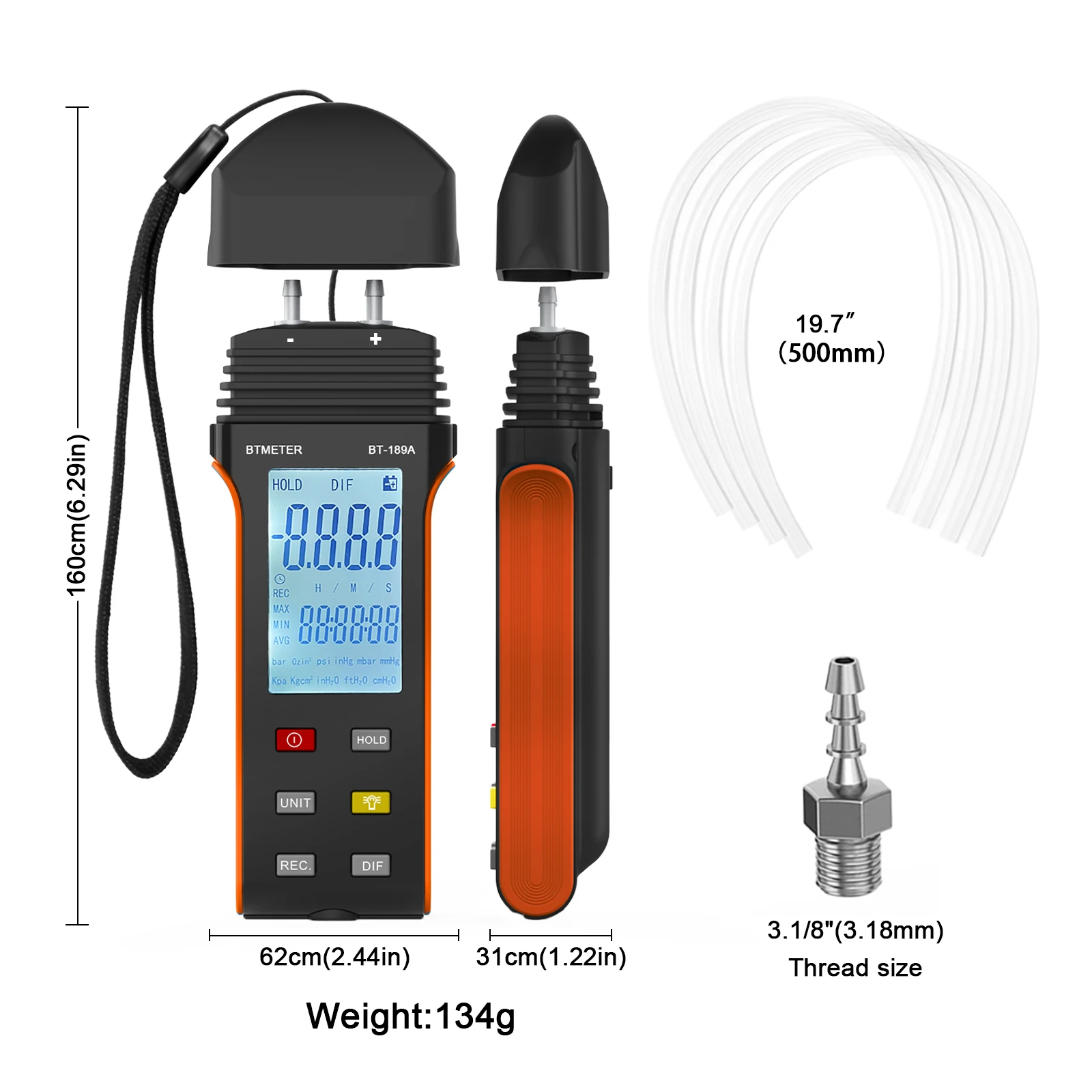 BTMETER Manometer HVAC Gas Pressure Tester 189A Dual-Port Air Pressure Meter Gauge with Hose Kit Measure Static Pressure