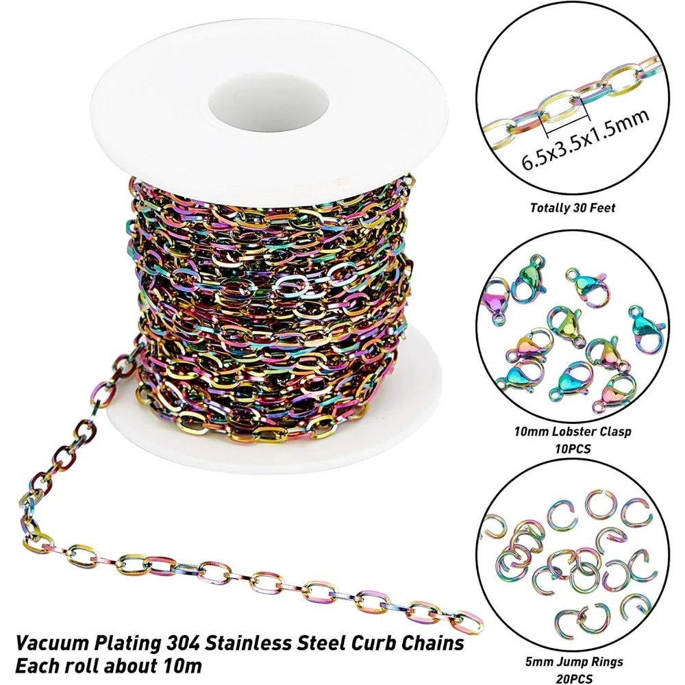 10m Stainless Steel Curb Chain Rainbow Flat Oval Twisted Cable Chain Link with 10 Pcs Lobster Clasps and 20 Pcs Jump Rings