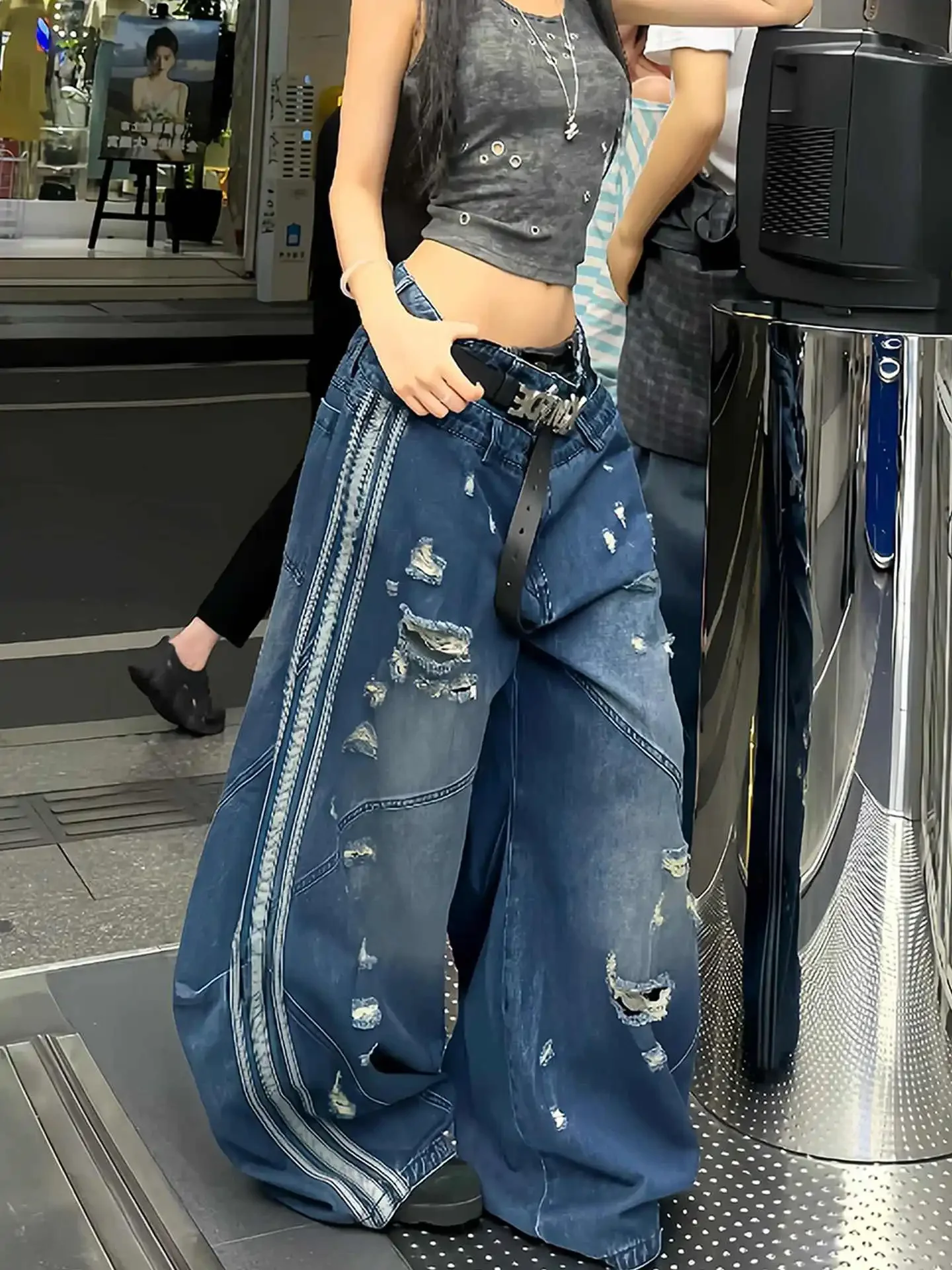 بنطلون جينز نسائي أزرق عتيق بخصر عالٍ هيب هوب مستقيم فضفاض من قماش الدنيم ملابس الشارع Y2K بنطلون واسع الساق أمريكي عتيق