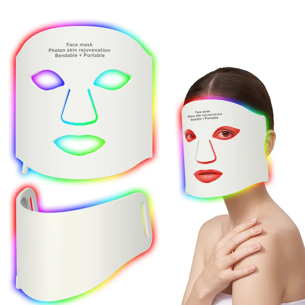 3D Flexível LED Máscara de Beleza Facial, 7 Cores, Luz LED, Terapia Photon, Cuidados Com A Pele, A Pele Ilumina, Pescoço, Silicone