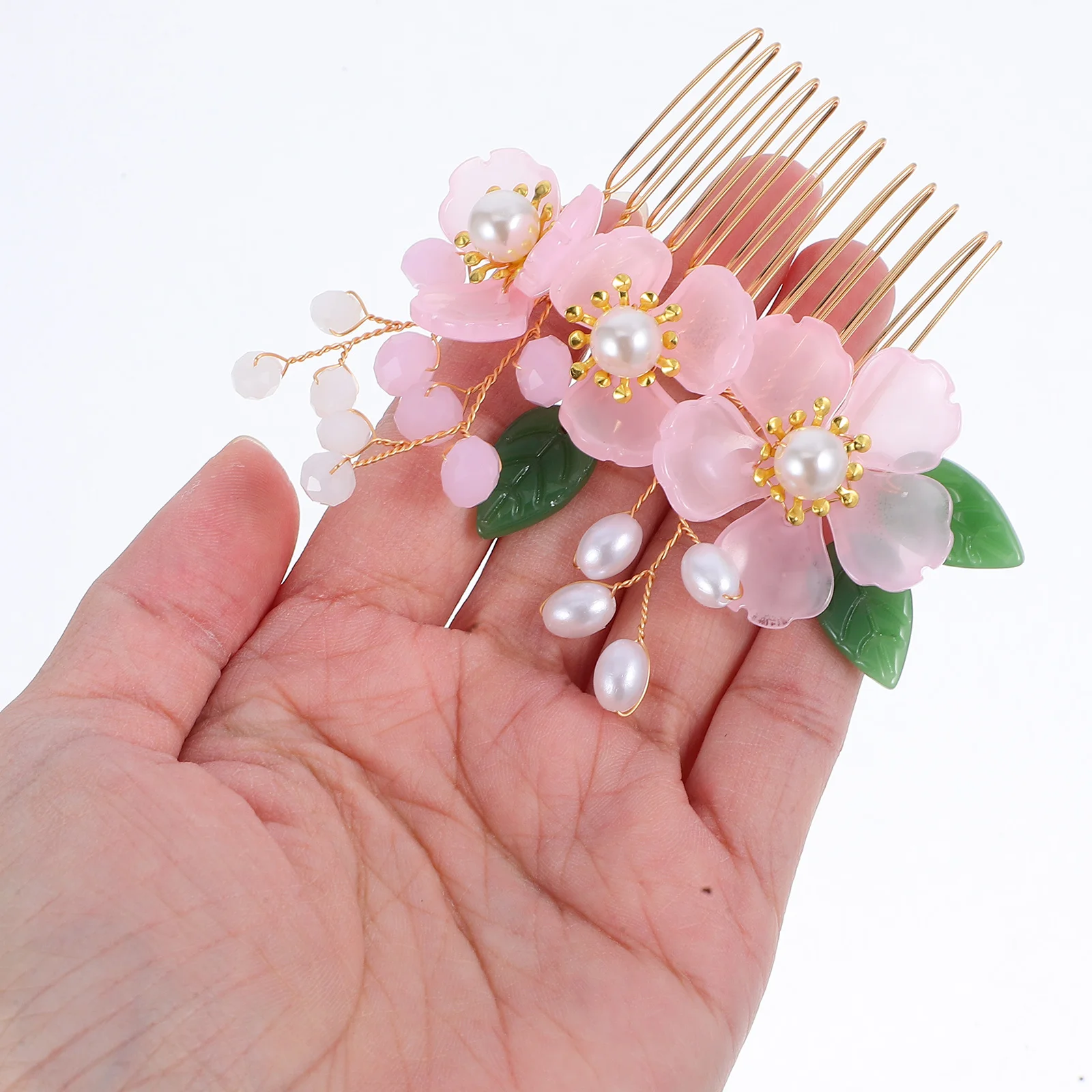 

1pc Vintage Jade Flower Hair Comb Pearl-Inlaid Bridal Accessories Wedding Party Prom Alloy Hair Styling Comb For Bride