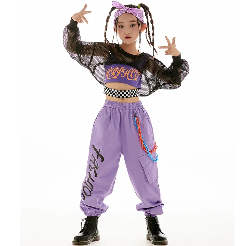 Tops líquidos para meninas, roupas de dança de salão Jazz, traje de palco infantil, roupas de dança hip hop, calças roxas, preto, 20232