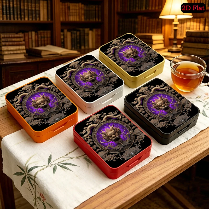 Wood Carved Dragon Emblem Theme Bookshelf Decoration Flip Top Metal Tin Box, UV Printed Portable Tin Box