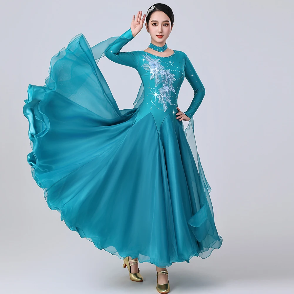 Vestido de competición de baile estándar, calcomanía de baile de salón de manga larga para mujer, vestido ajustado de práctica de baile con cuello redondo y diamantes de imitación
