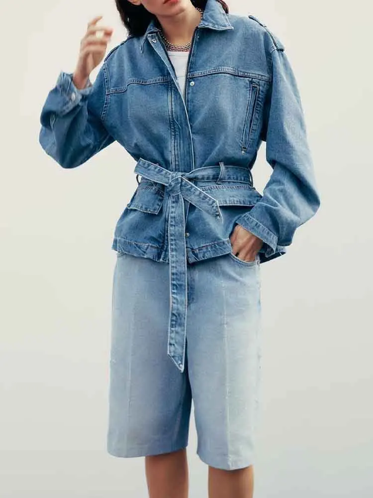 

European style new women's fashion versatile temperament simple solid color with belt lapel denim jacket