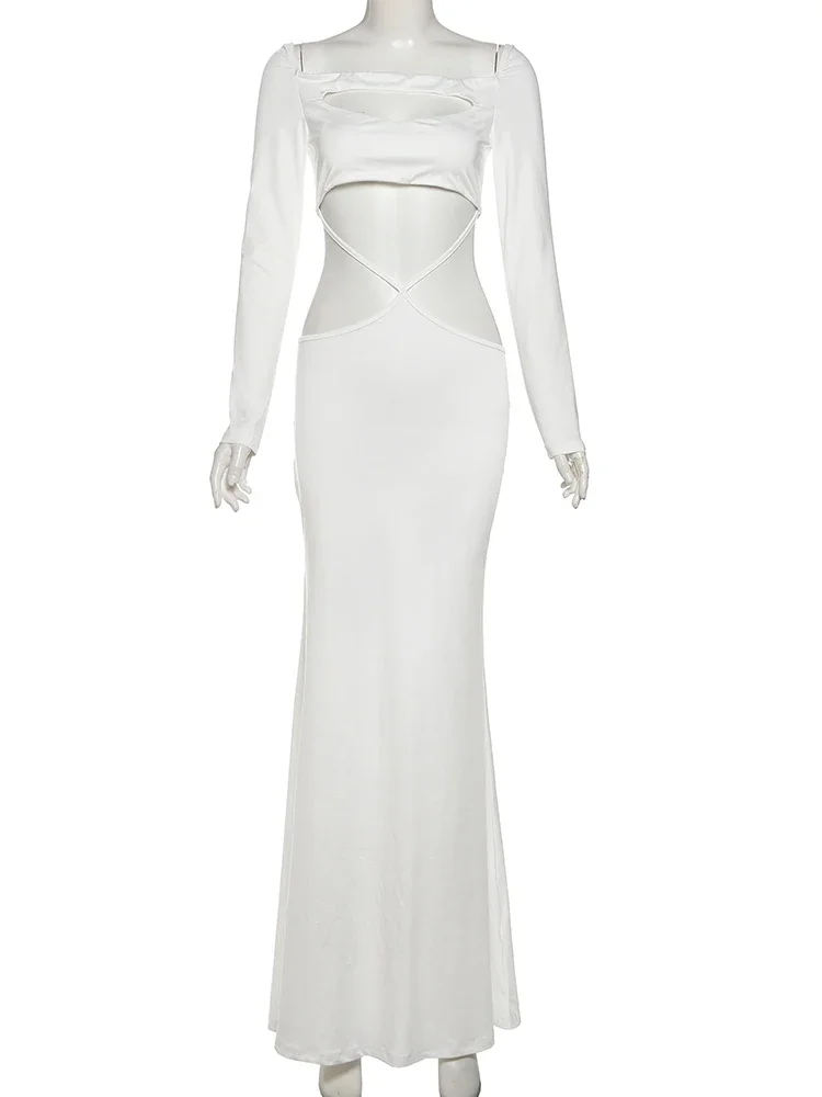 Sexy Hollow Waistless Dress Women Autumn Trend Square Collar Full Sleeve Skinny Stretch Elegant Style Long Bodycon