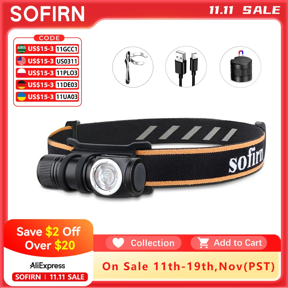 Sofirn HS10 USB C Rechargeable Mini 16340 Headlamp 1100lm LH351D 90CRI Angle Flashlight TIR Optics with Magnet Tail 2 Groups
