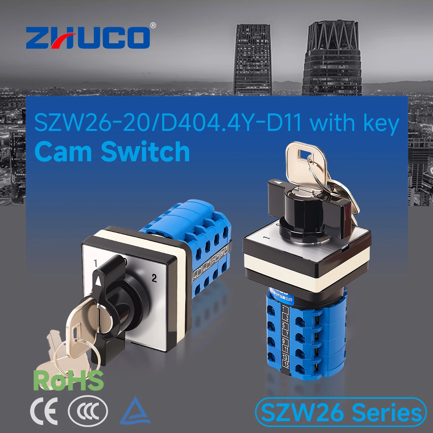 Zhuco 2/3 Position Selector Switch 20A 690V, 16-Terminal Universal Rotary Cam Selector with Locking Switch, Suitable for Distribution Cabinets, Machine Tools, Industrial Panels (Szw26-20/Y-D11, on Off On, on Off, on on)