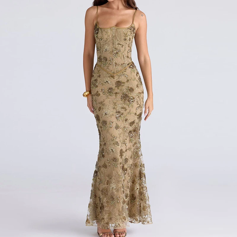 Robe longue de soirée pour femmes, coupe basse, taille haute, nouveau tempérament, épaules dénudées, mode imprimée, sans manches, robe de plage, printemps été