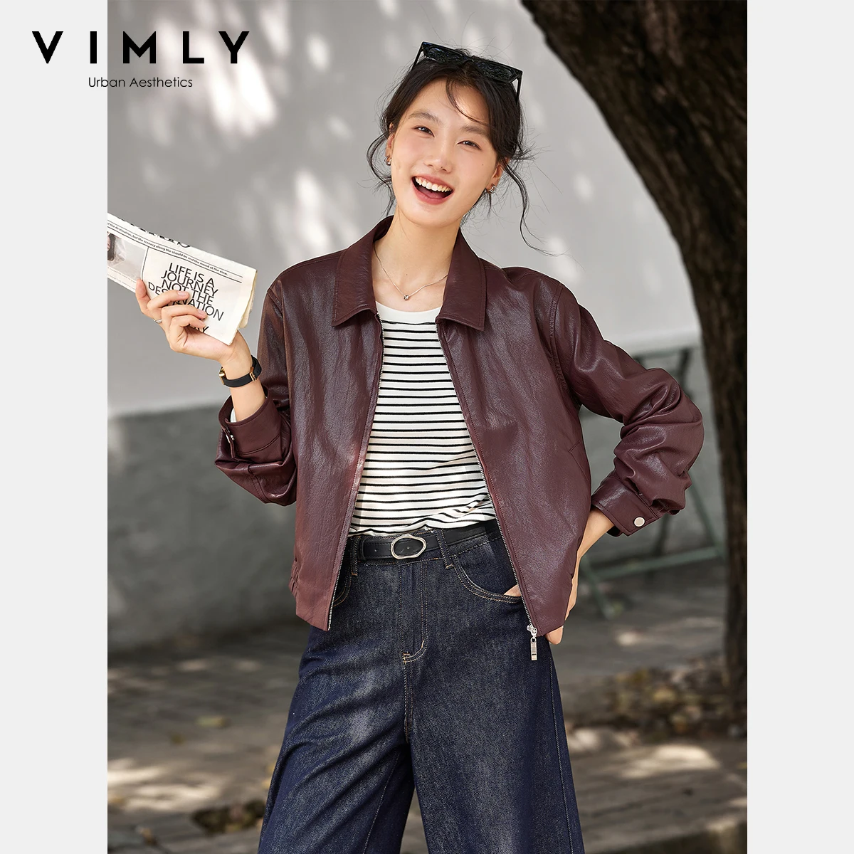 

VIMLY Women's Leather American Retro Jacket Autumn 2025 Zip Up Loose Coat for Woman Casual Turn-down Neck Female Jackets A2679