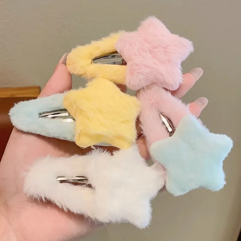 2pcs Y2K Star Hairpins Girls Cute Sweet Plush Trendy Autumn Winter Barrettes Pentagram Hair Clips For Women Hair Accessories