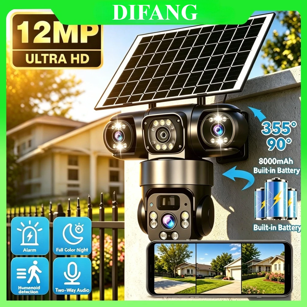 DIFANG V380 6K Solar Camera Three Screen 4G SIM Card Wireless Solar Cam Battery PTZ Outdoor Waterproof WiFi Solar CCTV Cam V380