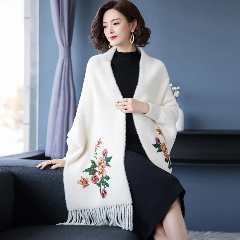 Sciarpa floreale da donna in Cashmere scialle di pelliccia calda invernale e Bandana avvolgente Pashmina Foulard femminile morbida coperta spessa