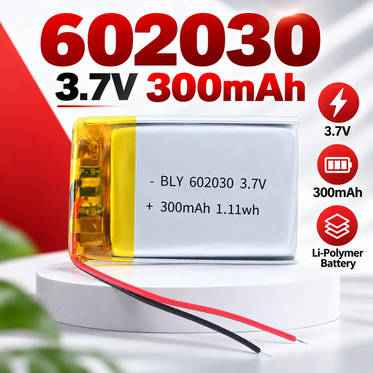 602030 300mAh 3.7V Rechargeable Li-ion Polymer Replacement Battery Cell for Bluetooth Headset, Speaker, Monitor and Self-Timer