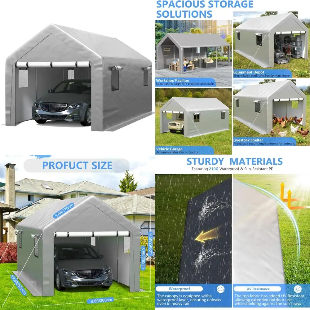 

carport 10x20 ft heavy duty with roll-up windows, portable garage with removable sidewalls & doors, car canopy with sandbags all