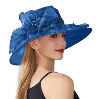 Solid Color Flowers Women Derby Hat Wide Brim UV Protection Summer Ruffles Sun Hat Organza Foldable Bridal Tea Party Wedding Hat - Image 4