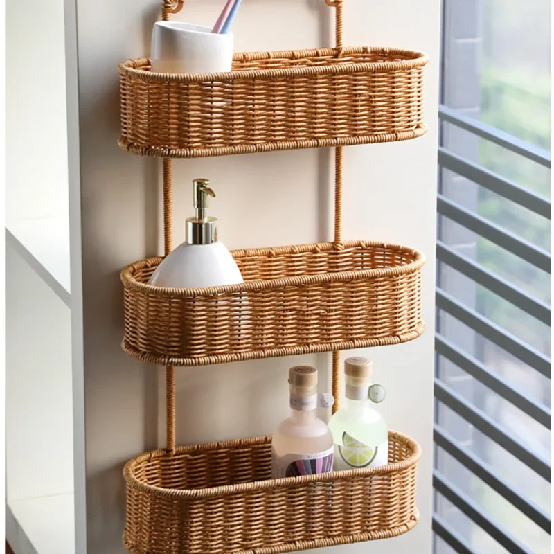 

No Punching Bathroom Shelf Imitation Rattan Woven Makeup Organizer Multi-layer Storage Baskets Hollowed Out Shampoo Holders