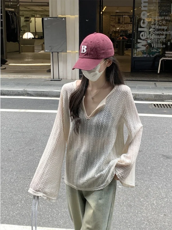 

Loose Fit Long Sleeve Hollow out V-Neck Knitted Top Thin Summer Spring Women's T-Shirt Casual Style UV Protection Lazy Slimmi...