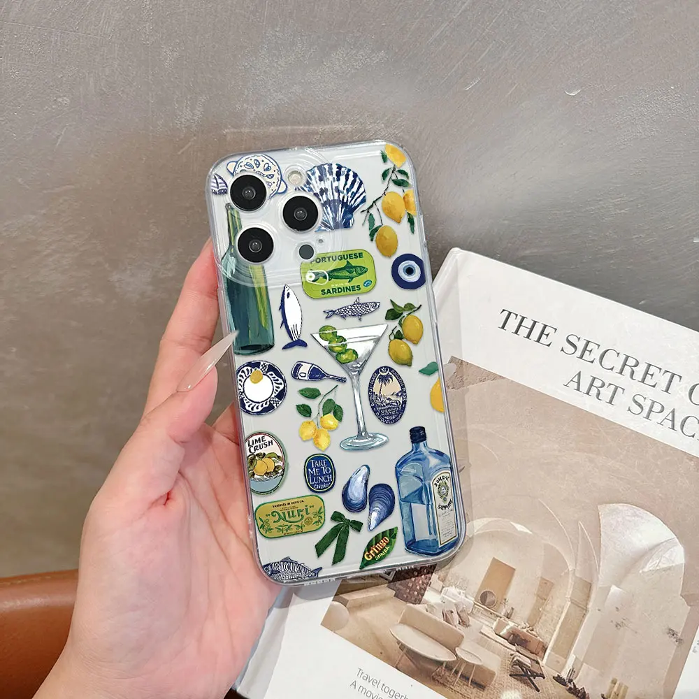 Funda de teléfono Seaside Wine Lemon para vivo V40 V30e V29e V27 V25 V23 Y28 Y03 Y17s Y100 Y36 Y27 Y16 Y19s Y35 4G 5G cubierta transparente de TPU