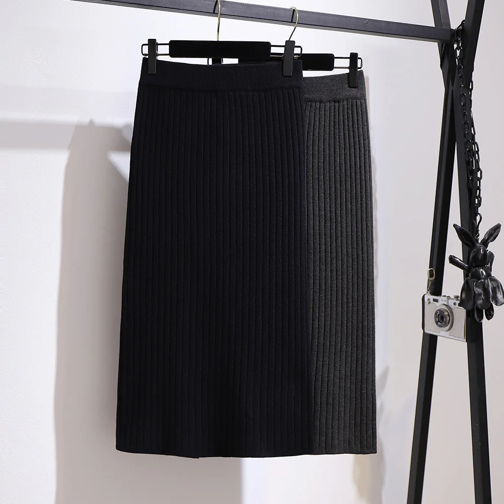 150Kg Plus Size Women's Autumn Winter Split Knit Thick Skirt A-Line Loose One-Step Hip Skirt Black Dark-Gray 5XL 6XL 7XL 8XL 9XL