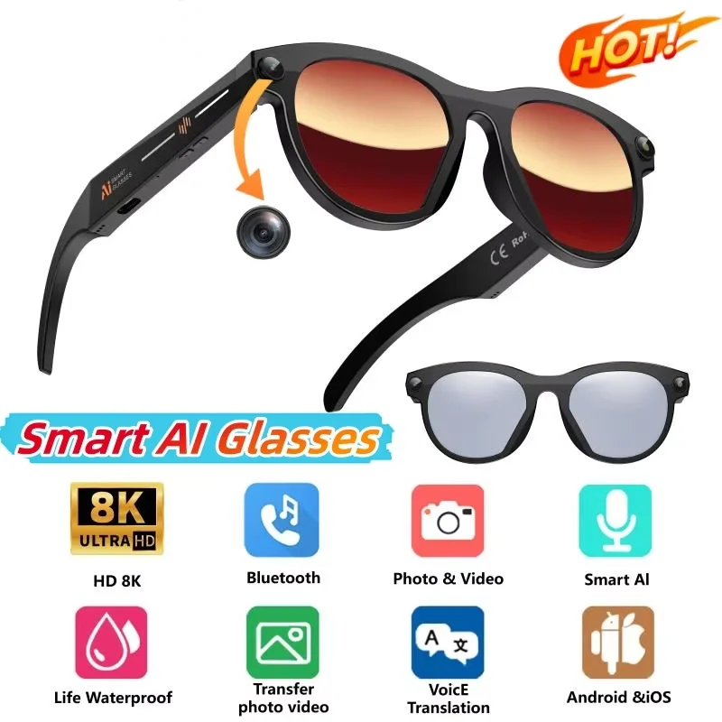 New Smart AI Glasses 800W HD 8K Shooting Camera Photo Video Voice Call Translation Bluetooth AI Motorcycle Glasses 2026