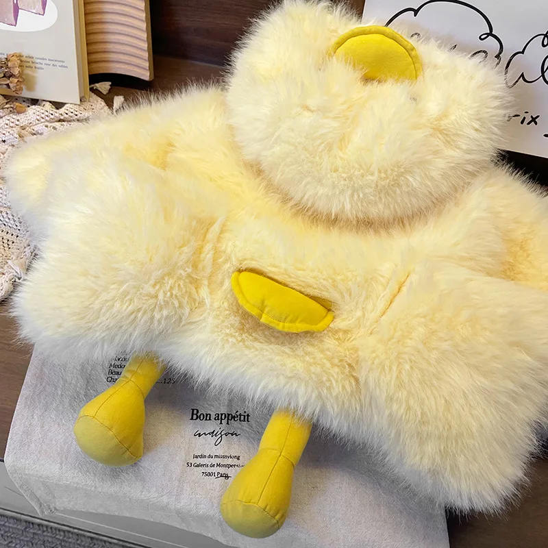 Girls Fur Coat Cute Yellow Duck Boys Girls Jacket  Hooded Thickened Zipper Outerwear Cartoon Warm Fur Coat Kids Clothes