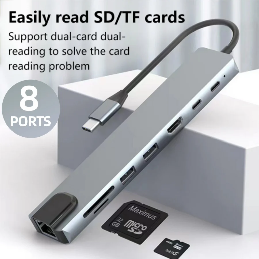 

8 in 1 USB C HUB Type C Adapter with 4K HDMI 87W PD C 8 Port Docking Station RJ45 Compatible with MacBook Pro Air USB C Laptops