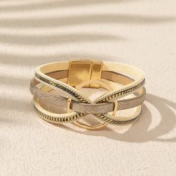 Gold Plated Circle Charm Layered Pu Leather Handmade Luxury Bohemian Magnetic Women Wrap Bracelets Jewelry