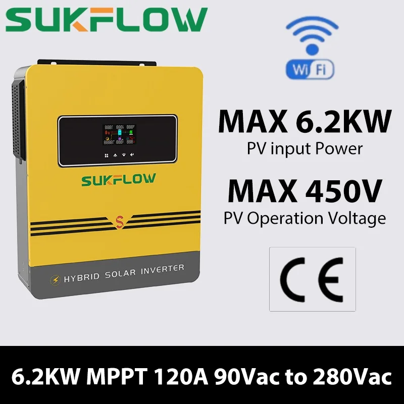 Sukflow Solar Inverter 4.2KW 6.2KW 8.2KW 110Vac Off Grid Inverter Pure Sine Wave MPPT Solar Charge 60-450VDC LCD Hybrid Inverter