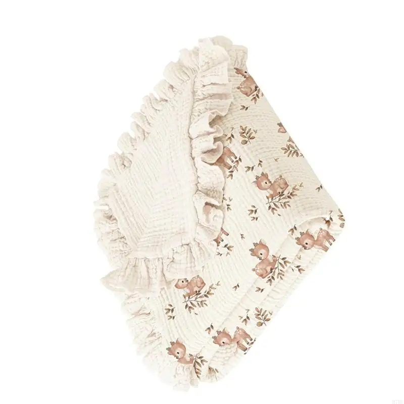 97BE 100x90cm Floral Trim Infant Swaddles Blanket Cotton Fabric for Strollers or Crib