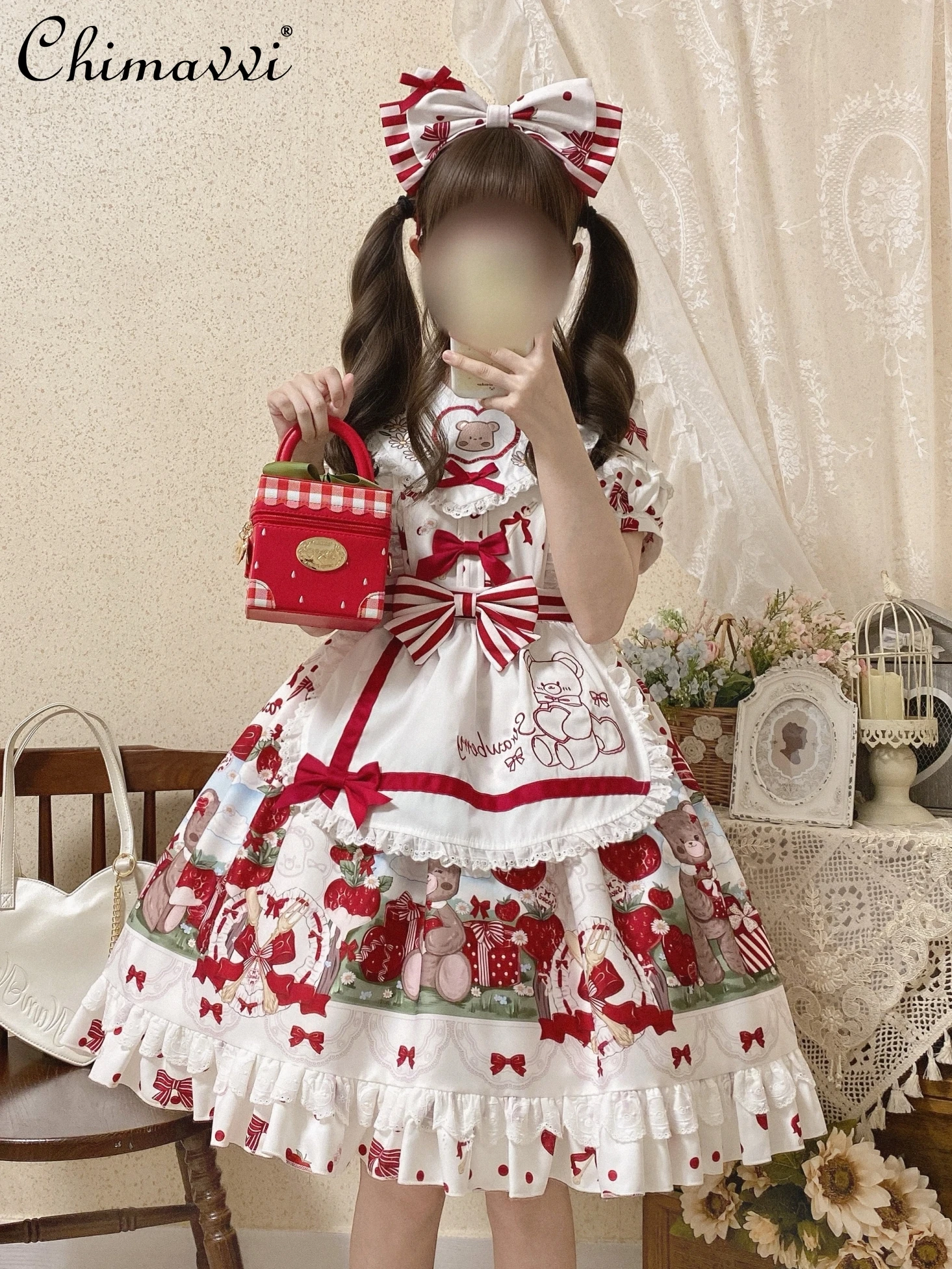 Original Design Sweet Strawberry Handle Bear Lolita Dress Daily Cute Girl Womens High Waist Kawaii Knee Lo Dresses Apron