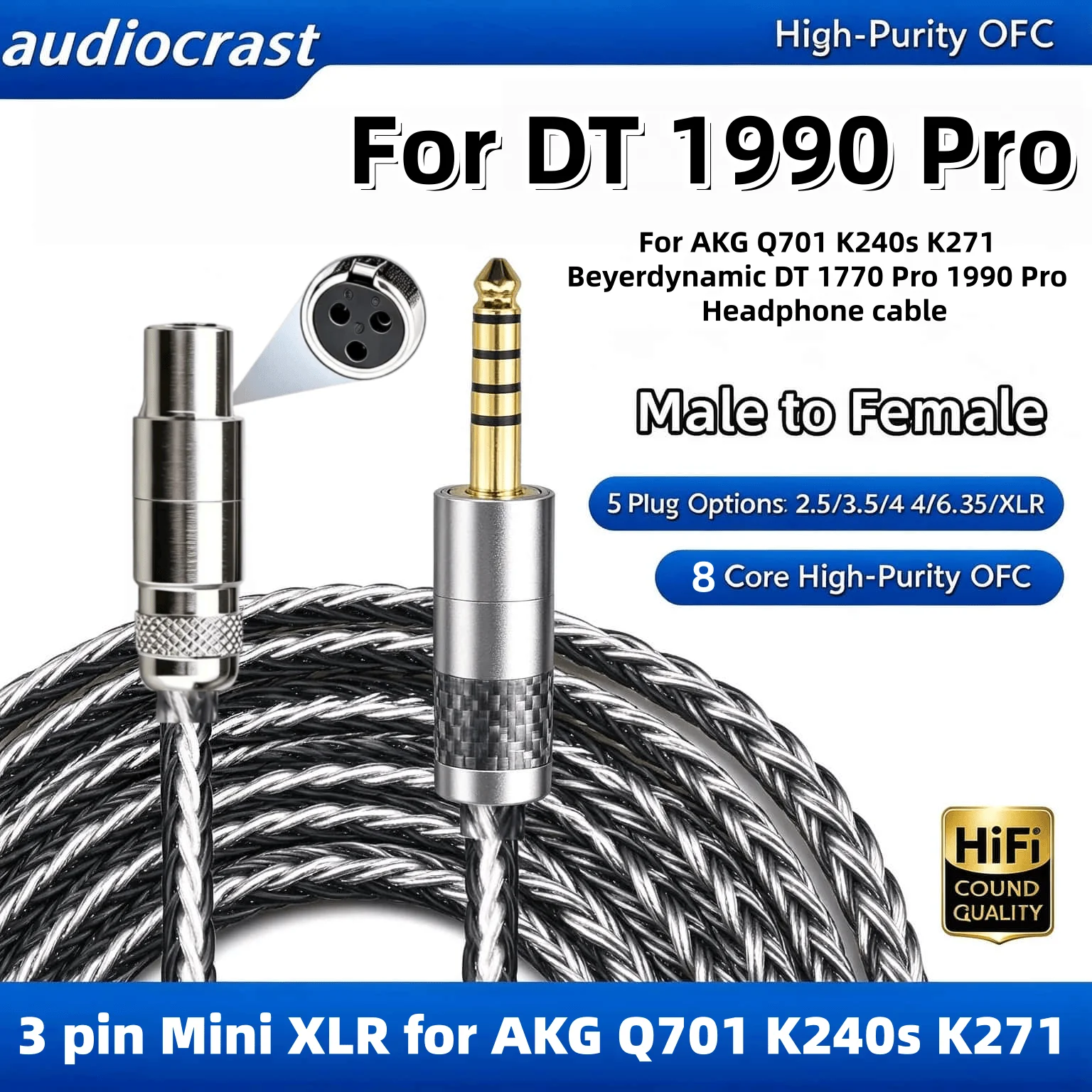 Mini XLR 3Pin Balanced Headphone Upgrade Cable to 3.5 4.4 2.5mm XLR for AKG Q701 K240s K271 Beyerdynamic DT 1770 Pro 1990 Pro