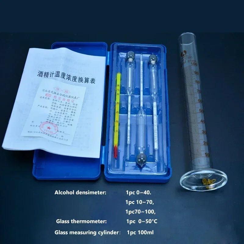 High Precision Alcohol Hydrometer Densimeter Set for Measuring Liquid Density with Thermometer