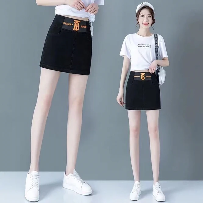 

Spring Summer Hip Wrapped Denim Short Skirt Women's High Waist Elastic Thin Versatile Sexy Miniskirt Girl Solid Color Black