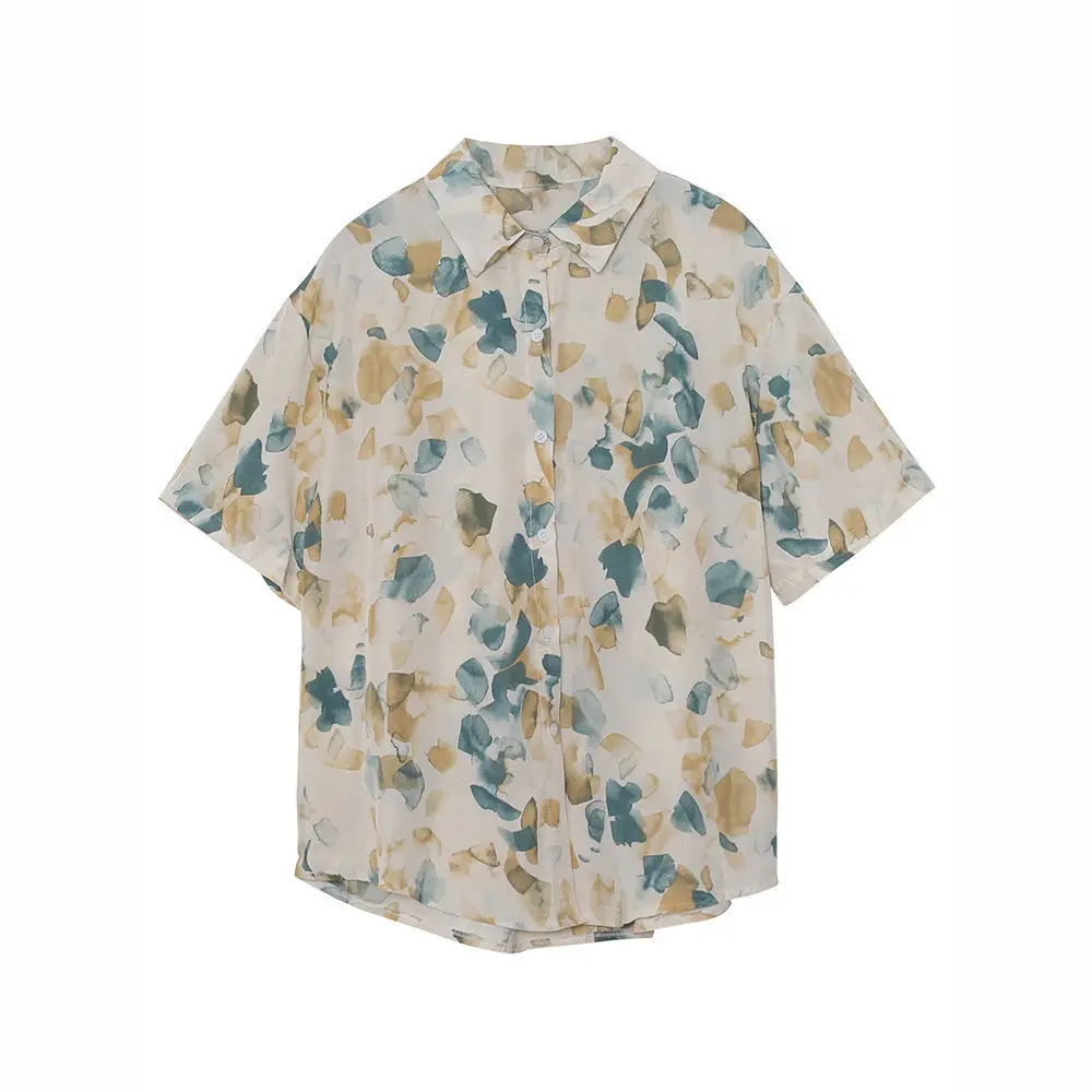 Camisas de manga curta das mulheres estilo rua artístico graffiti impressão blusa chique botão acima casual moderno minimalista elegante verão