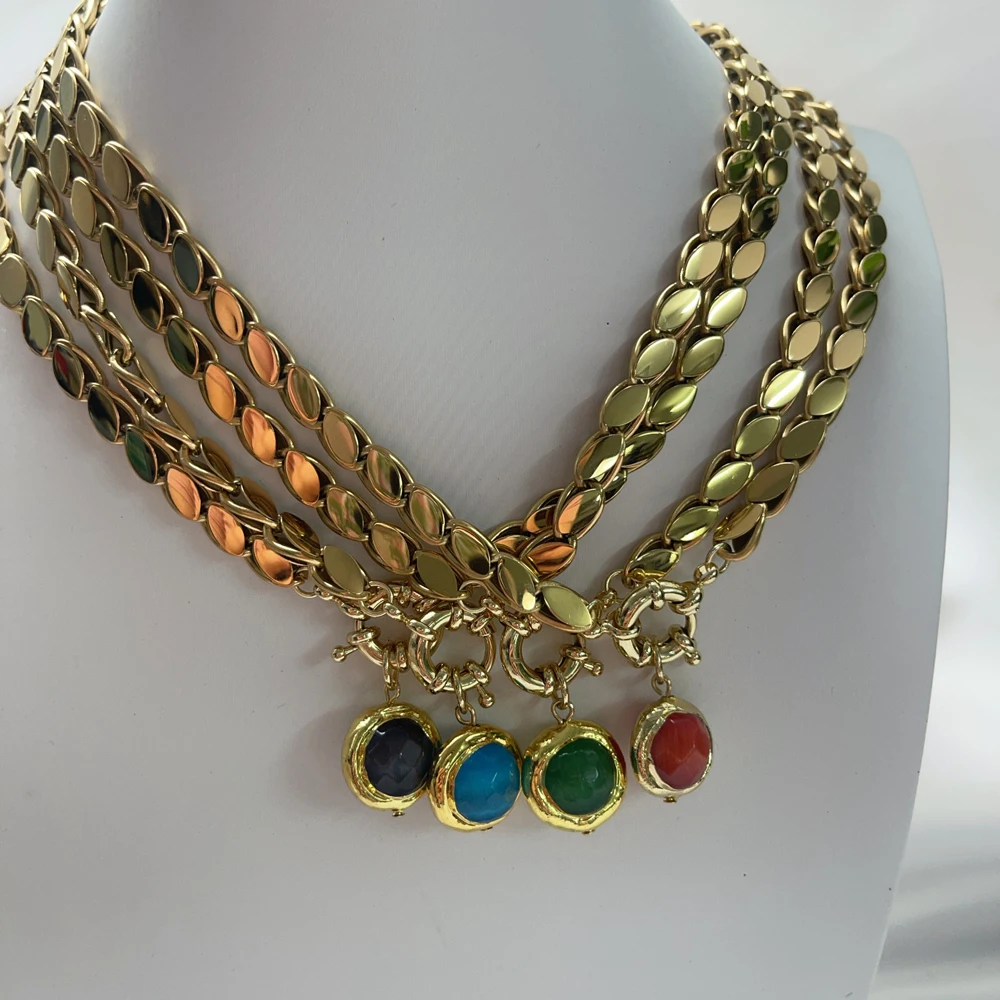 

Stunning 18K Gold Plated Stainless Steel Necklace For Women With Gold Plated Brass Accents And Stone Beads