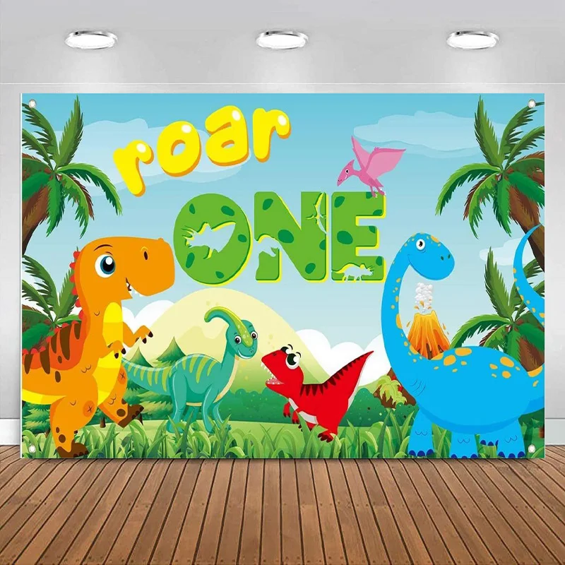 Roar One Year Old Birthday Backdrop Banner Dinosaur Theme Wild Forest Background Photography Baby Shower Kids Party Decorations